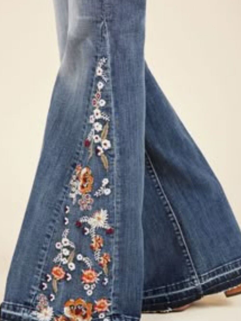 Free People Light Blue Wide-Leg Jeans with Floral Embroidery